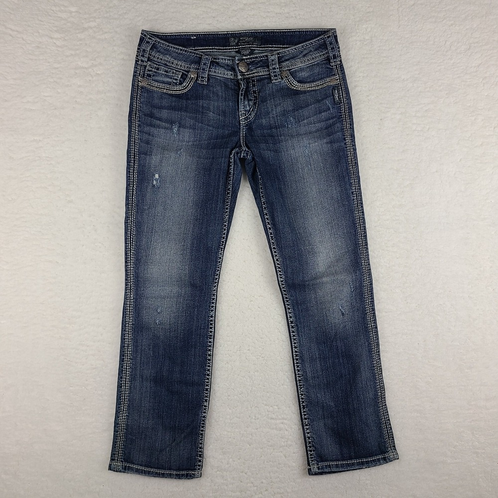 Silver Jeans Womens 28 Blue Twisted Capri Distress Dark Wash Denim